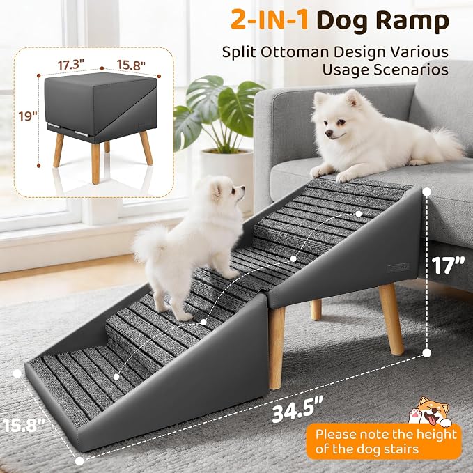 Dog Stairs for Small, Medium, Large Dogs & Cats, 17" H 4‑Step Foldable 2‑in‑1 Wooden Pet Steps with Split Ottoman Design, Non‑Slip Dog Ramp for Couch Bed Sofa for Puppy Senior Injured Pets