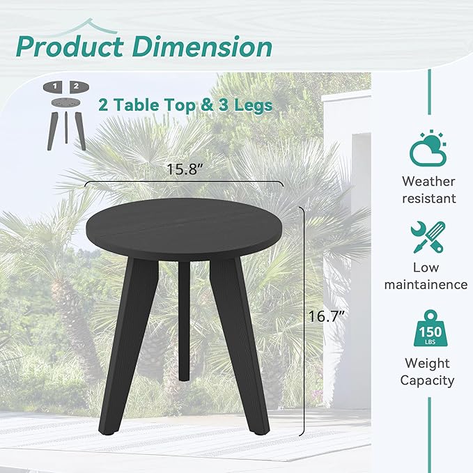 HDPS Outdoor Side Table Set of 2, Small Round Side Table Weather-Resistant