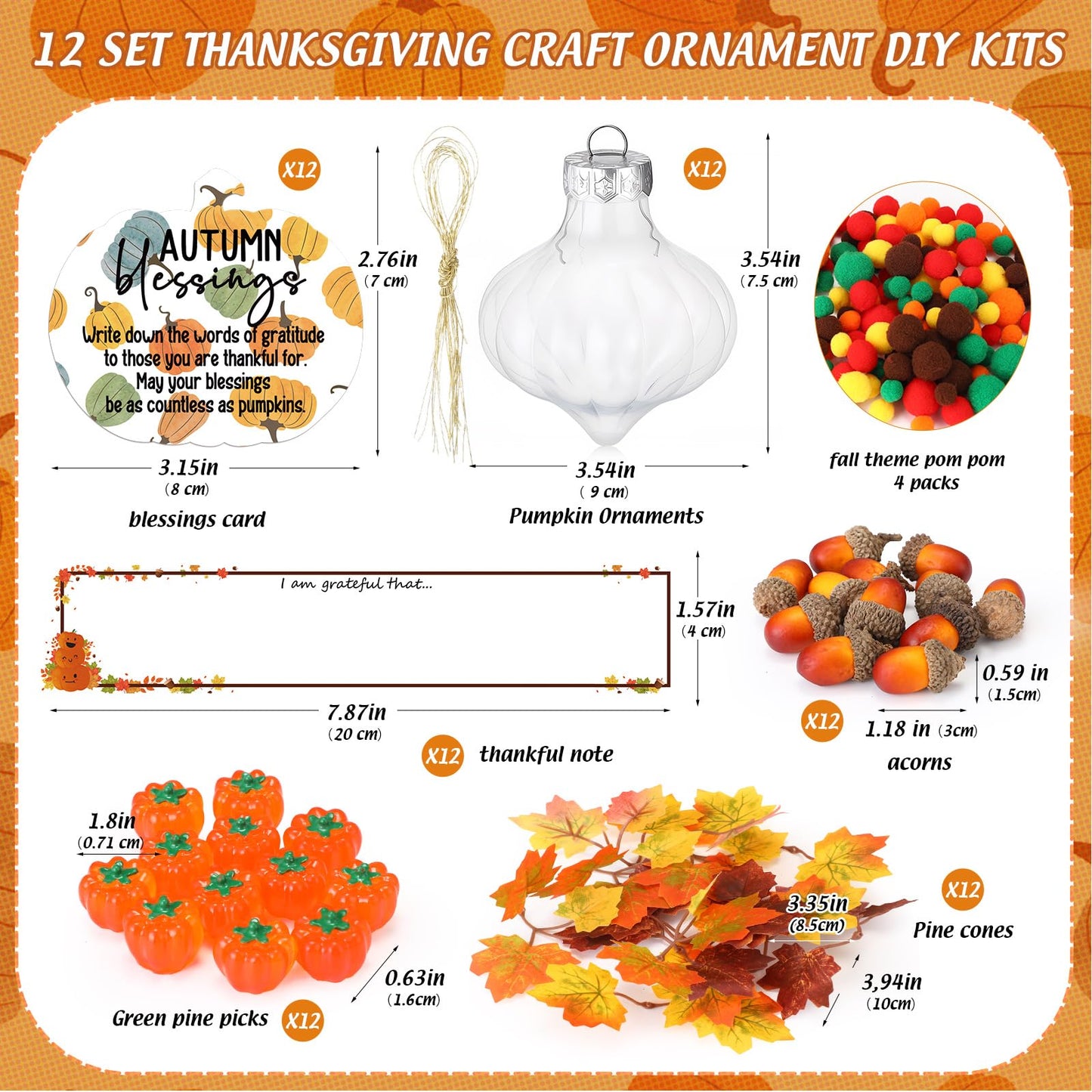 Maysing12 Sets Thanksgiving Craft Kit with DIY Accessories Hanging Thanksgiving Clear Ornaments Balls Fillable Fall Harvest Decorations for Family DIY Projects Activities Autumn Blessing Party Decor