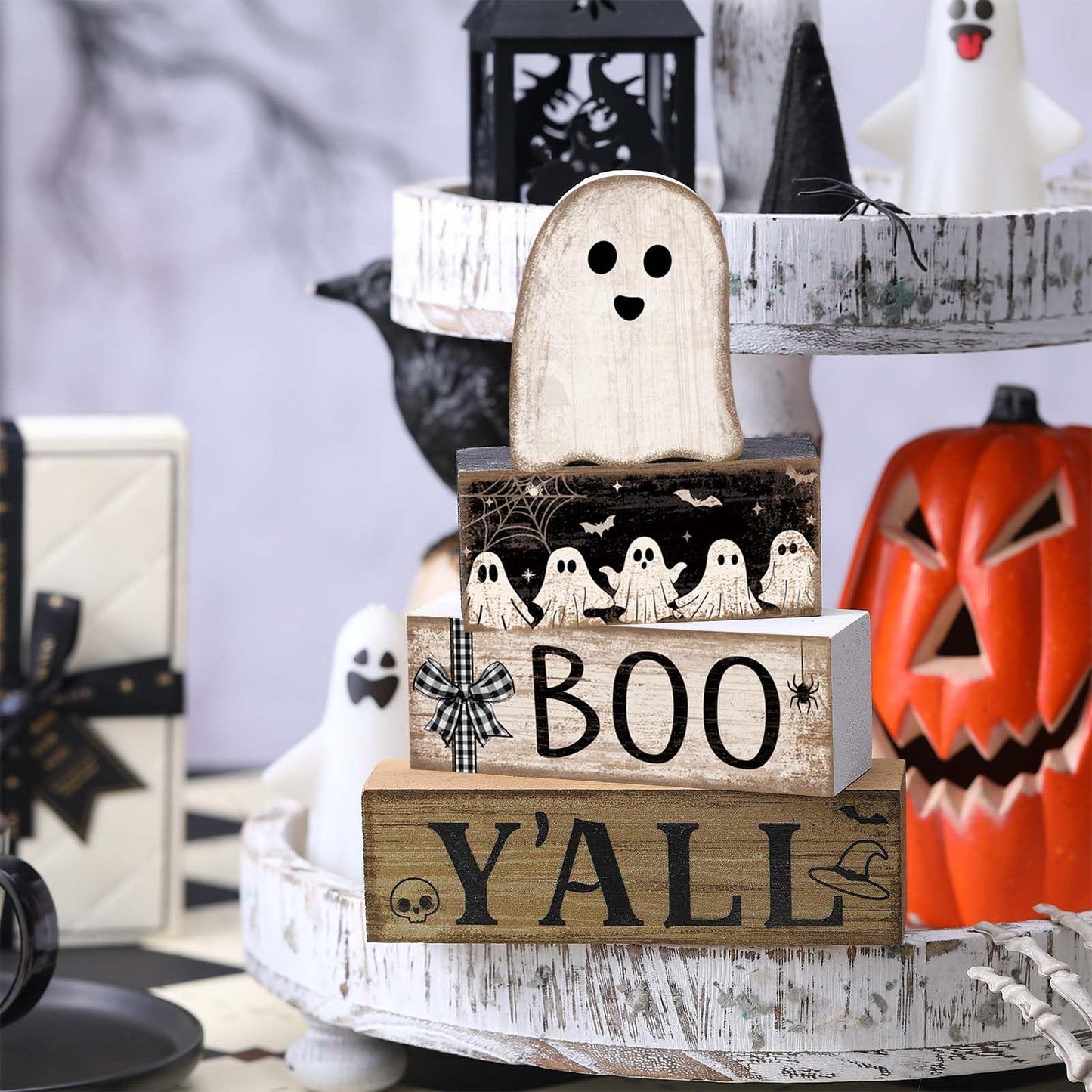 Lineshading 4 Pcs Halloween Table Decoration Wooden Ghost Tiered Tray Decoration Rustic Wood Ghost Block Signs Gift Halloween Centerpiece Farmhouse for Home Tabletop Kitchen Shelf