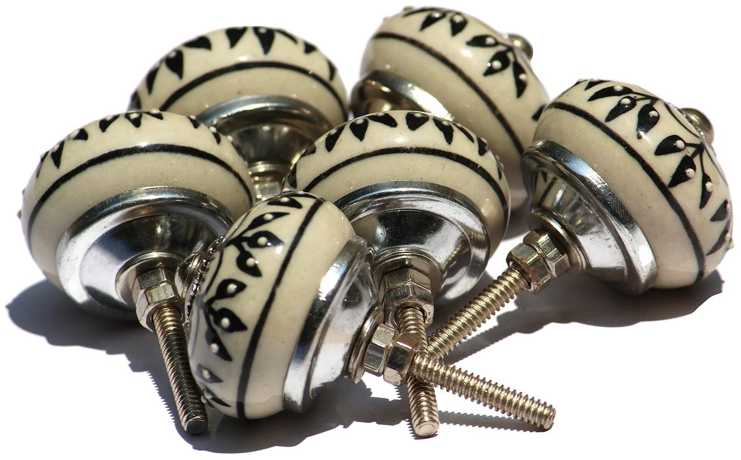 owlKraft Set of 6 Unique Handmade Ceramic Knobs | Modern Drawer Knobs | Trendy Cabinet Door Knobs | Dresser Drawers - Countryside (Style 2, Black and White (Beige) Flower Design)