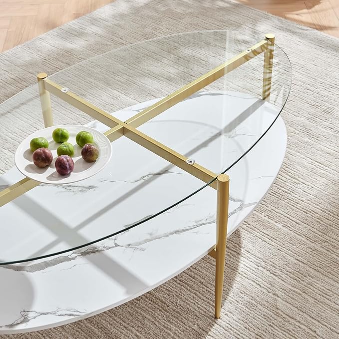 LumFurn Oval Glass Coffee Table, Mid-Century Modern Design, L43 x W22 x H17 inch
