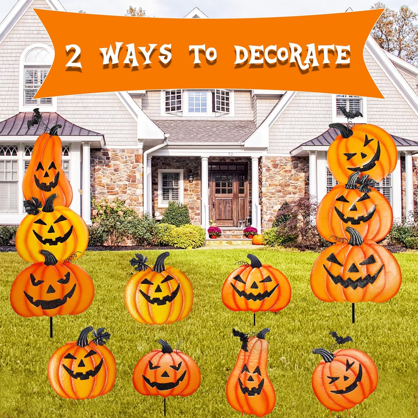 Juegoal 2 Pack Halloween Garden Stakes, Stacked Metal Pumpkins Jack-o-Lantern Lawn Decor, Yard Signs Stake Outdoor Decorative 3D Pumpkin Home Lawn Pathway Driveway Decorations