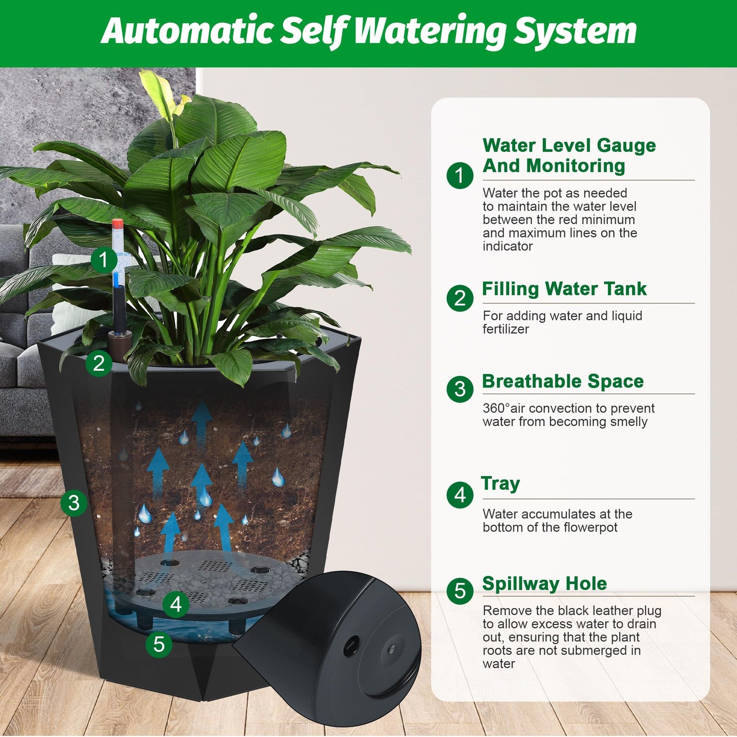 Garvee 16" Tell Planters Set of 2, Self-Watering Planters, Planters for Outdoor Plants, Plants Pot with Water Level Monitor for Patio, Porch, Living Room, Home Office