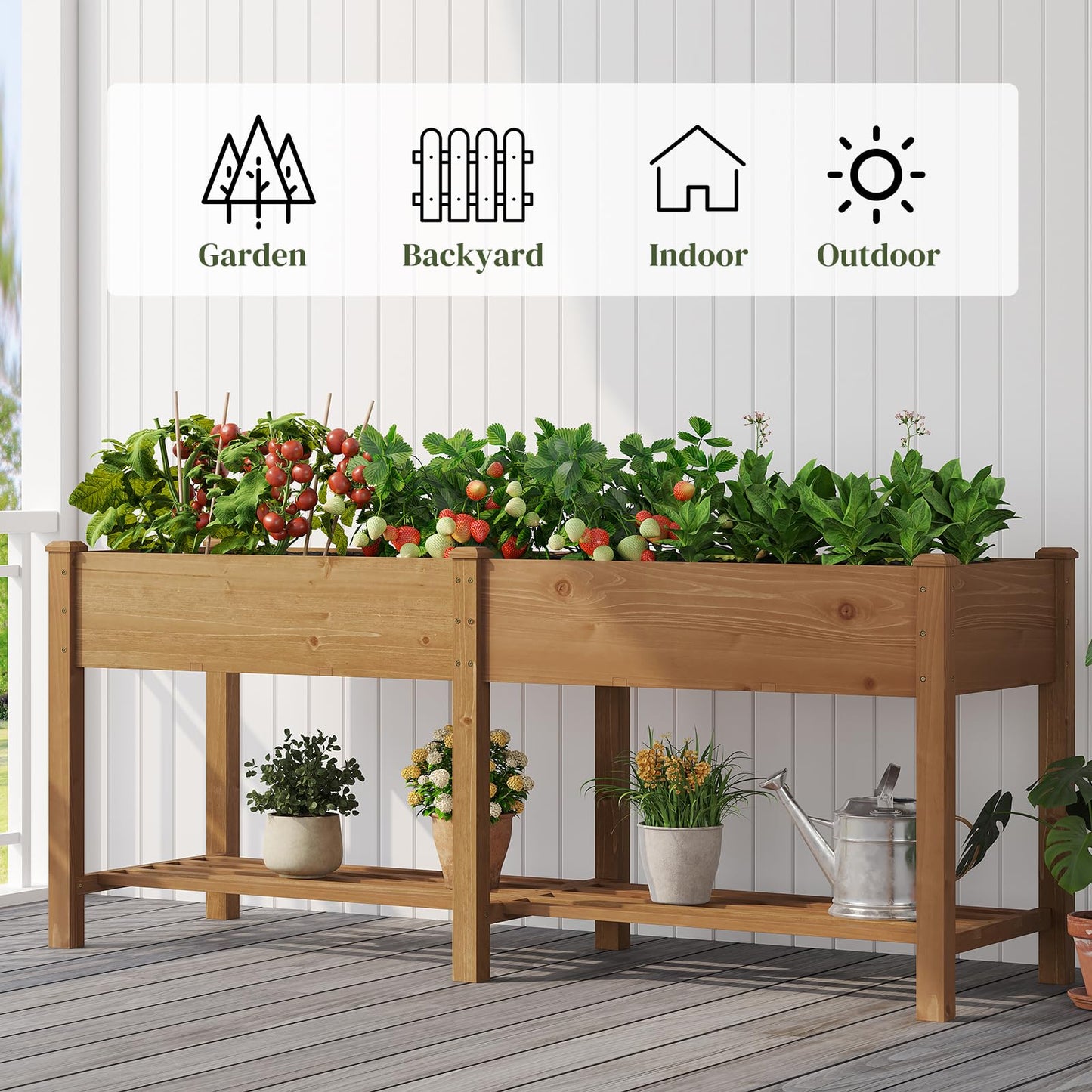 PULIJIAJU Wooden Raised Garden Bed, Planter Box with Legs, Garden Planter with Divider Bag for Backyard, Patio, Balcony, Planter Stand Box for Herbs and Vegetables (Brown-L)