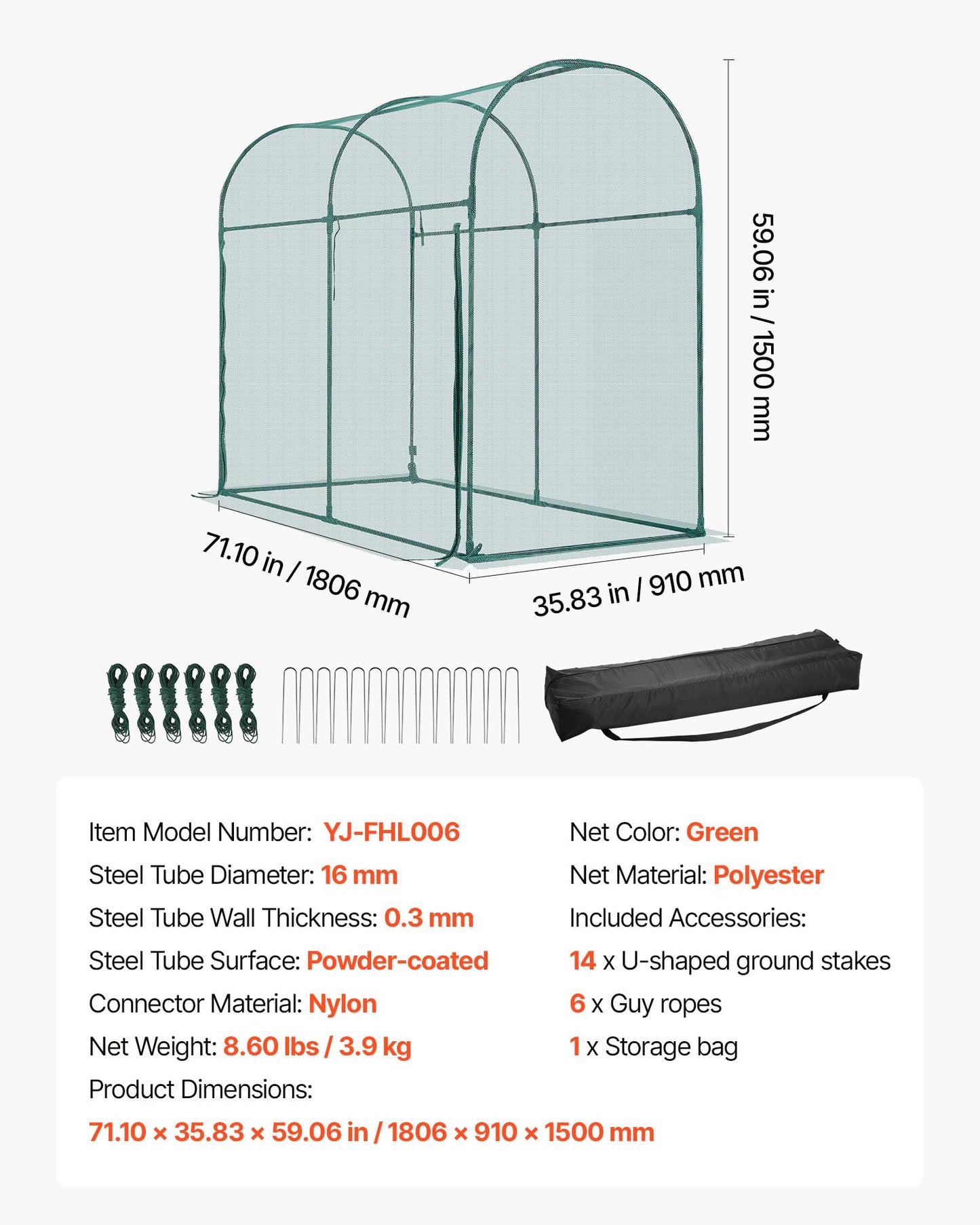 VEVOR Crop Cage, 5.9 x 2.98 x 4.9 ft Plant Protection Tent with Zippered Door, Wind-Resistant Tall Crop Cage, Easy to Install, Outdoor Raised Bed Cover with Frame, Plant Netting for Garden Patio Lawn