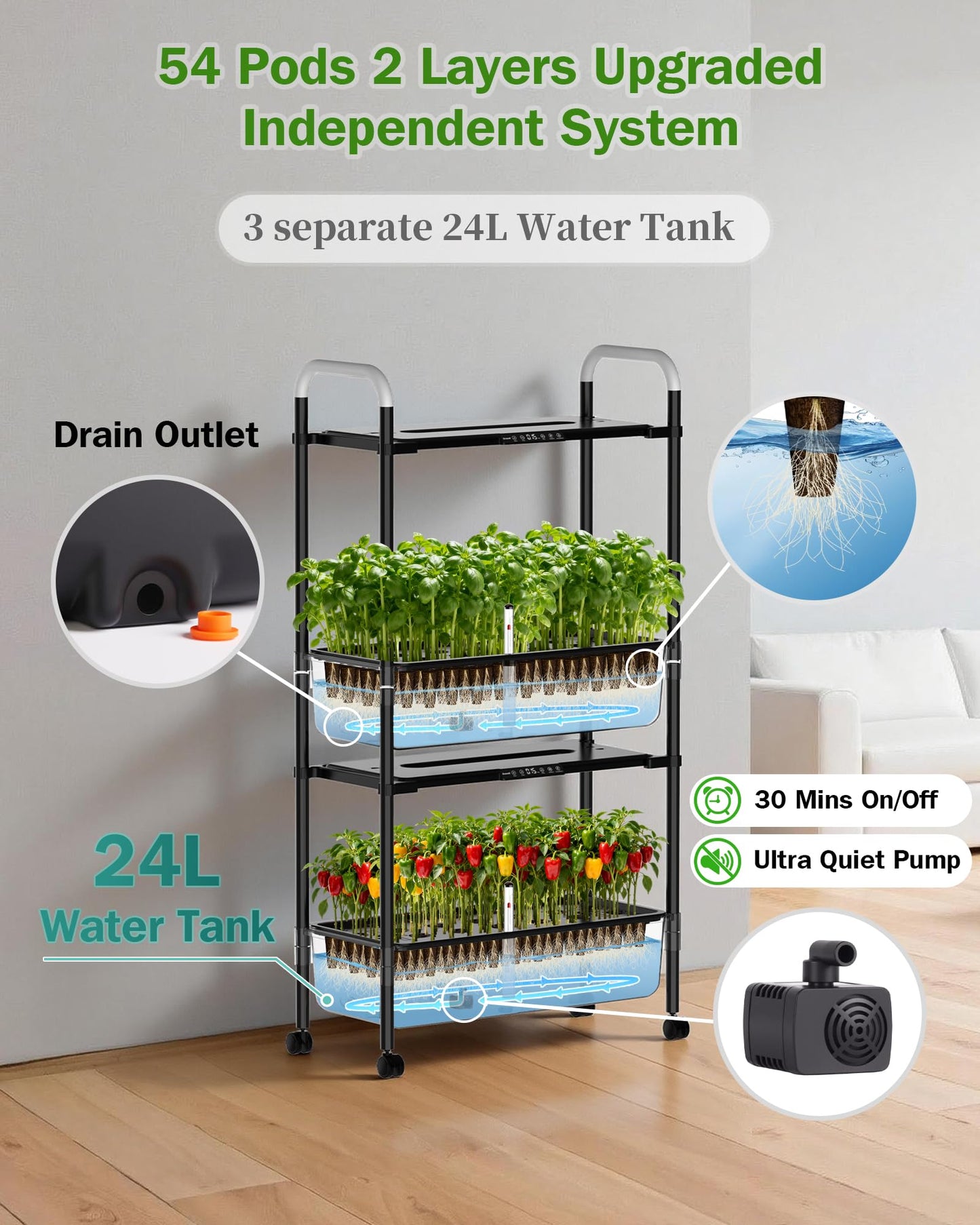 Growell Large Hydroponics Growing System Kit, 54 Pods Vertical Indoor Herb Garden Kit with LED Grow Light & Independent Water Pump, 28L Movable Indoor Planter Perfect Gardening Gifts (2 Tier-Black)