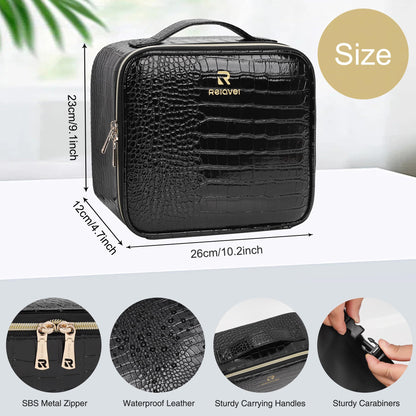 Relavel Travel Makeup Bag With LED Mirror, Cosmetic Train Case with Light up Mirror, Portable Makeup Artist Organizer Bag with Adjustable Dividers, Makeup Brush Holder Storage, Black