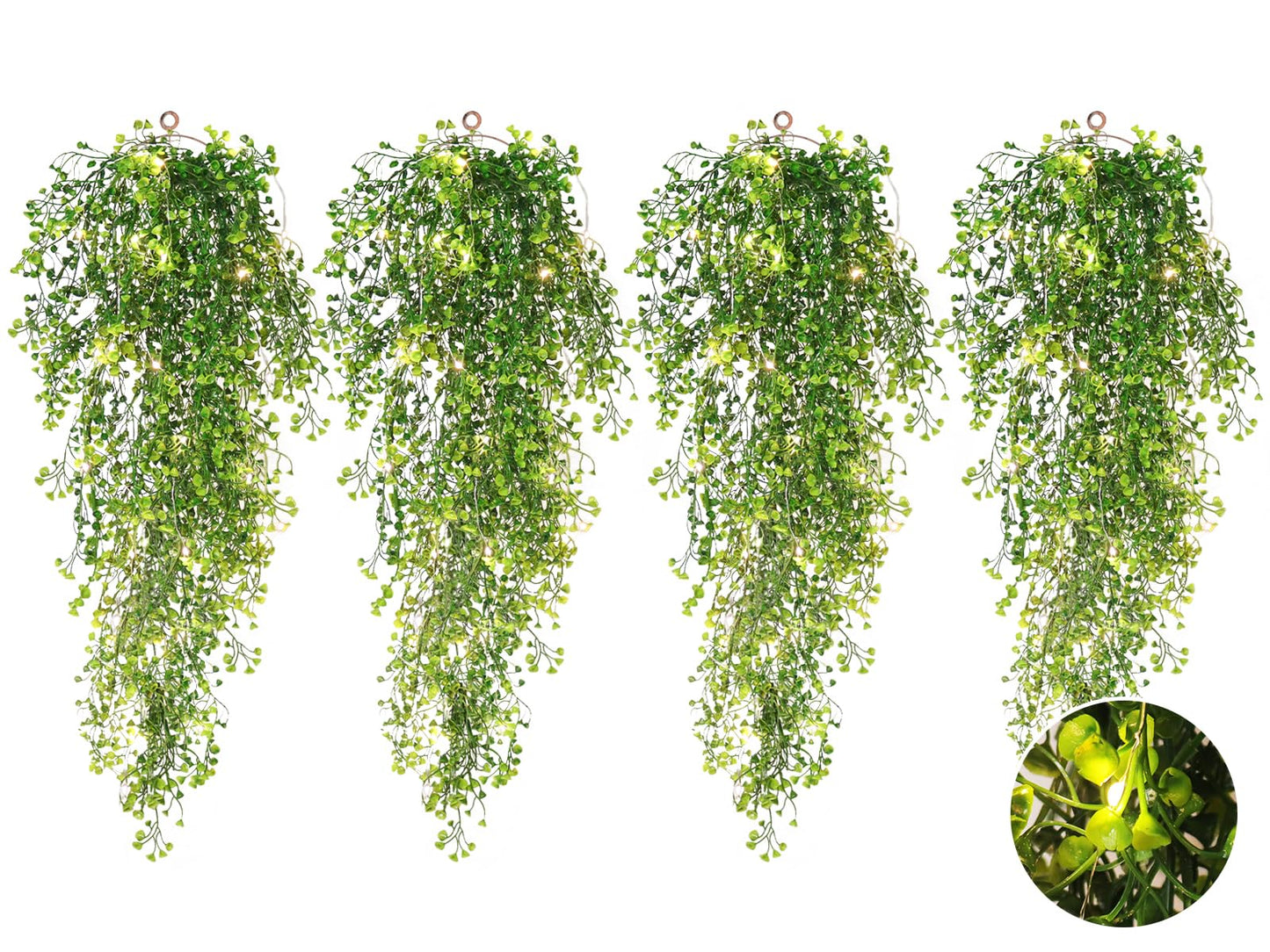RECUTMS Pack of 4 Ferns Artificial Plants Large Artificial Hanging Plants Faux Ivy Vine Fake Greenery Wall Plants with LED Lights for Room Garden Patio Porch Bathroom Kitchen Decor (Green)