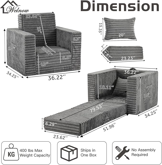 Welnow Folding Sofa Bed with Pillow, Convertible 2-in-1 Sleeper Chair