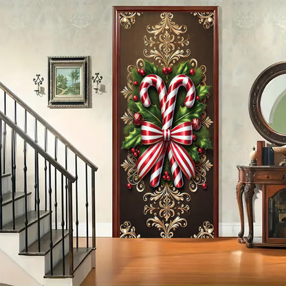 Saoplasa Christmas Door Cover Candy Cane Bow Banner 71 x 35 Inch Holiday Peppermint Stripe Wall Hanging with Holly Leaves Ornaments for Winter Wonderland Xmas Front Door Decor Photo Backdrop