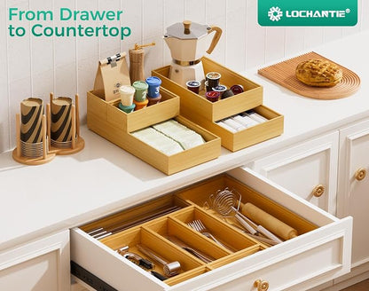 Bamboo Kitchen Drawer Organizer Boxes – 14" x 5" Stackable Wood Silverware Utensil Tray for Drawers Bins Cutlery & Flatware Storage – Wooden Pantry Organizers Set of 2 for Junk Drawer Bathroom Rv