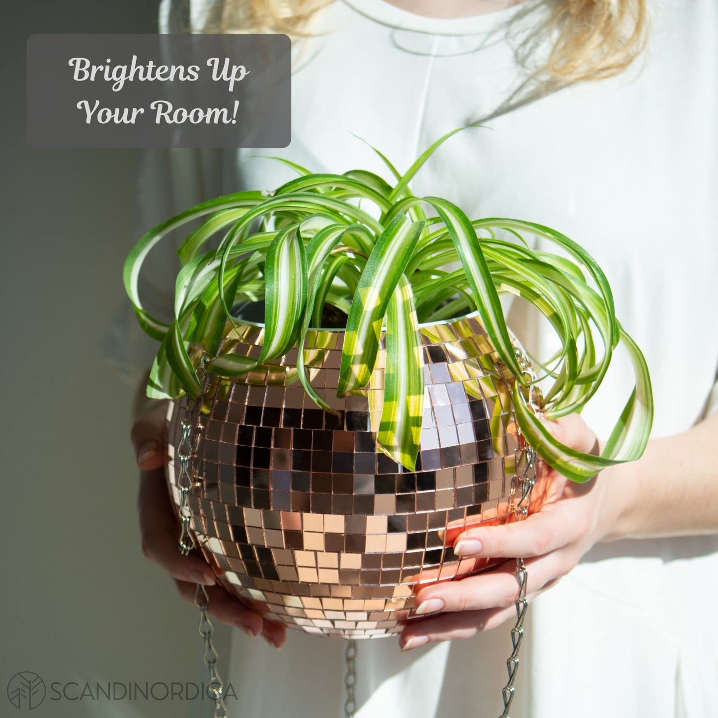 SCANDINORDICA Disco Ball Planter 8" Rose Gold with Chain and Macrame Hanger and Disco Ball Planter Pot 4.3" with Saucer (0.3x0.3 mirror tiles)