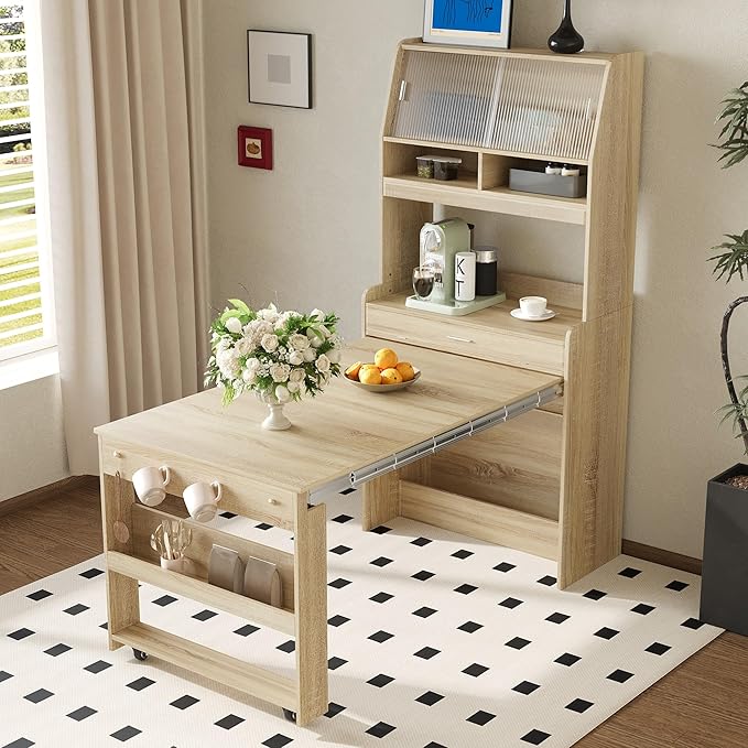 Spaco 2-in-1 Folding Dining Table and Buffet Cabinet Set, Compact Pull-Out