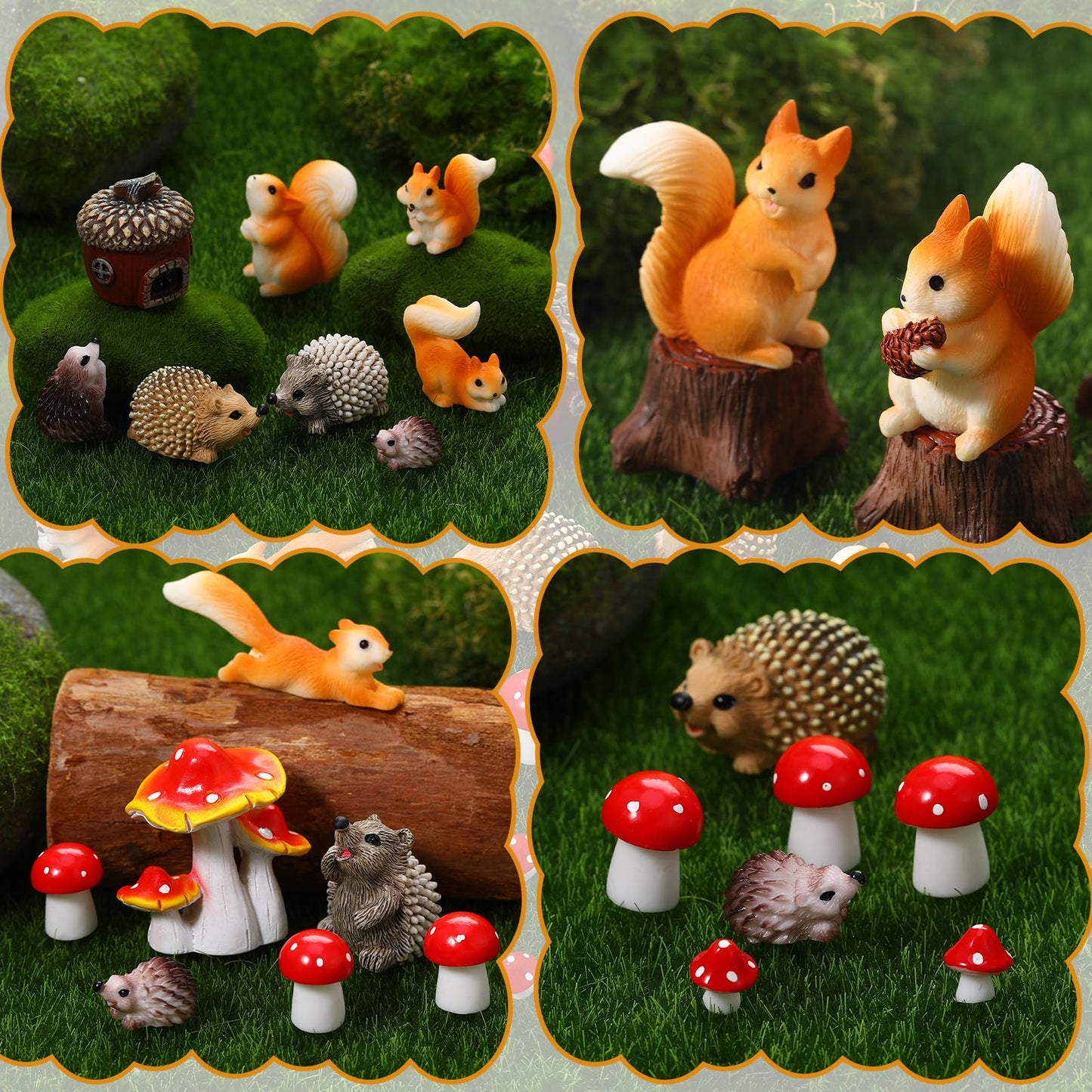 GGSTDDUP Fairy Garden Accessories, 34 Pieces Resin Squirrel Figures Miniature Garden Ornaments Hedgehog Mushroom Animal Kit for Outdoor DIY Terrarium Potted Plants Dollhouse Desk Decor