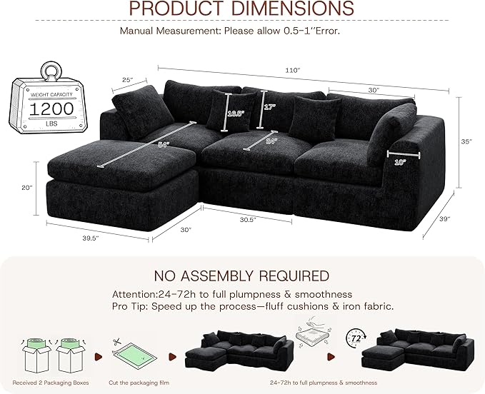 110'' Oversized Cloud Sectional Boneless Couch