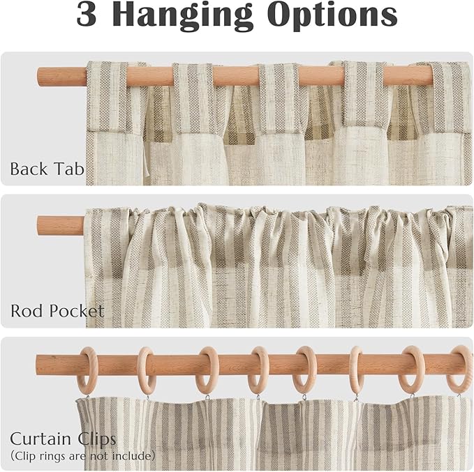 jinchan Striped Linen Kitchen Curtains 36 Inches Tier Curtains Farmhouse Modern Cafe Style Small Window Treatments Airy Light Filtering Rod Pocket for Living Room Bathroom 2 Panels Taupe Grey