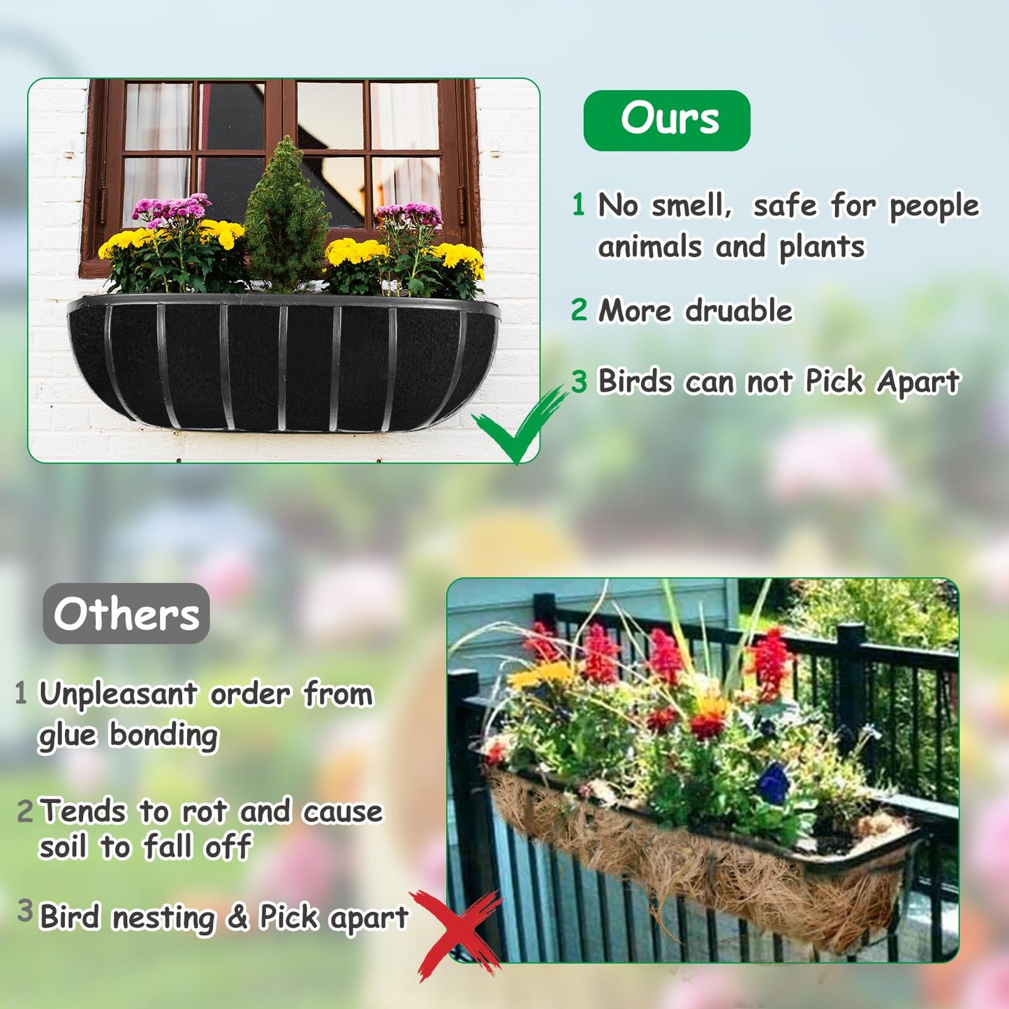 3PCS 36 Inch Planter Basket Liners Fabric Window Box Liners Felt Trough Planter Liner Replacement Black Flower Basket Liner Non-Woven Hanging Plant Liner for Planters Garden Fence - Avoid Bird Nesting