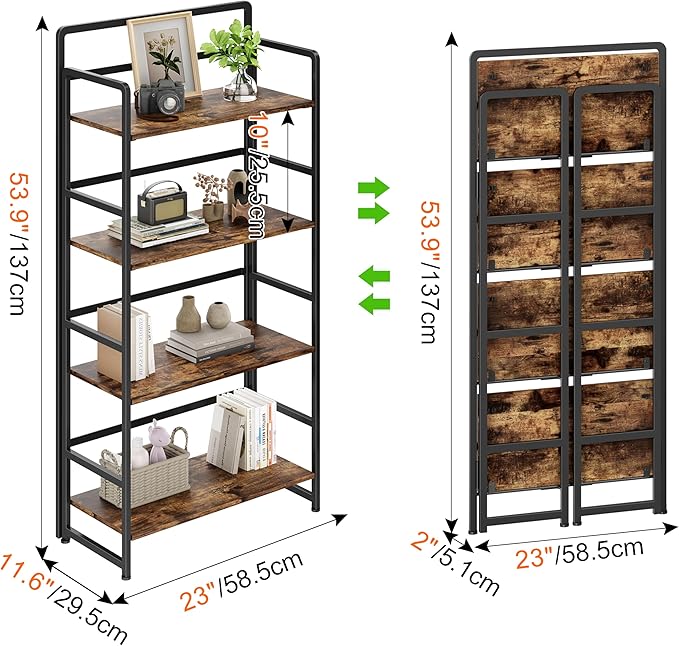 No Assembly Folding Bookshelf, 4 Tiers Collapsible Book Shelf