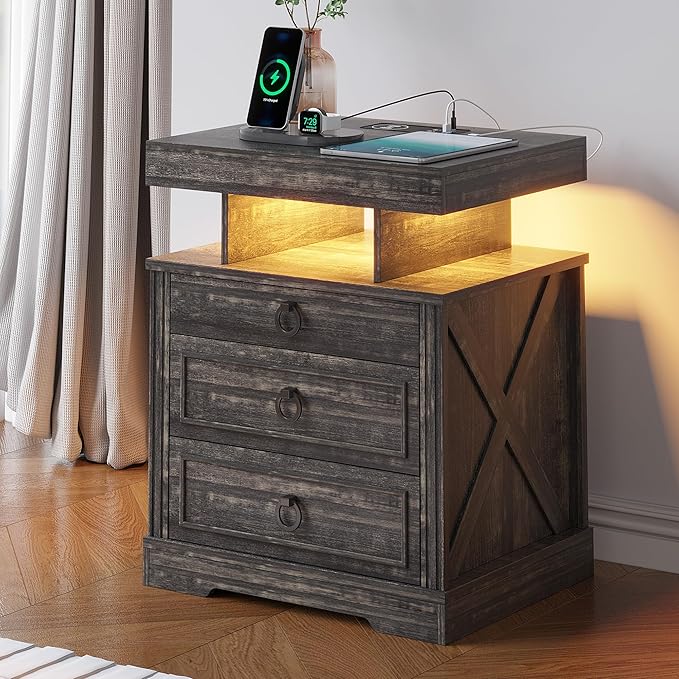 HNEBC Night Stand Set 2 with Gun Drawers, Farmhouse Nightstand with Charging