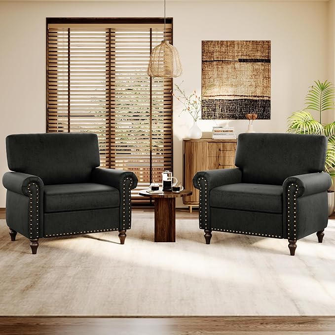 Nailhead Trim Accent Chairs Set of 2, Faux Leahter Mid Century Modern Living