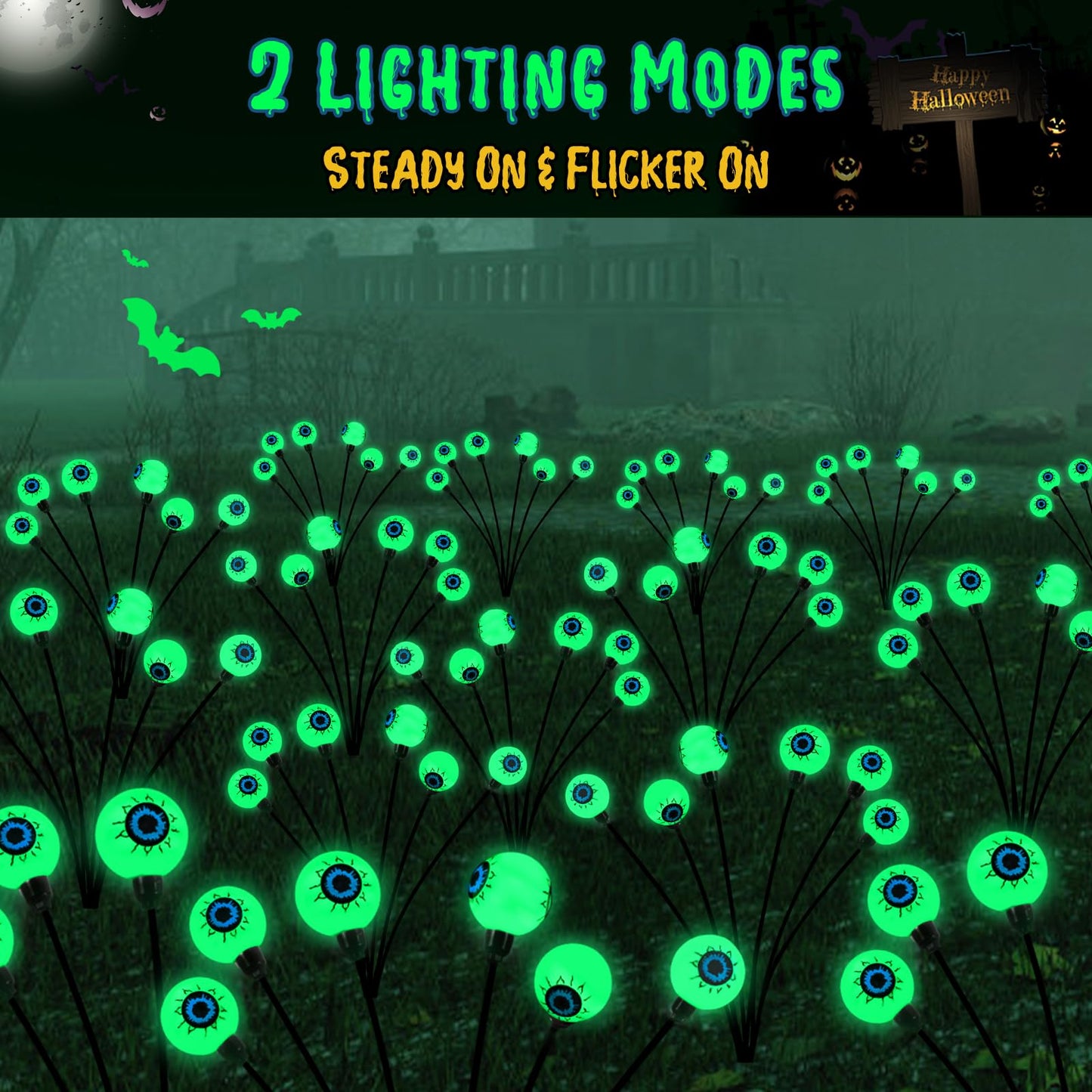 Lewondr Halloween Decorations Outdoor Eyeball Lights, 6 Pack Solar Garden Lights with 2 Modes, Waterproof Firefly Lamps Swaying by Wind for Yard, Pathway, Lawn, Patio, Party, Green