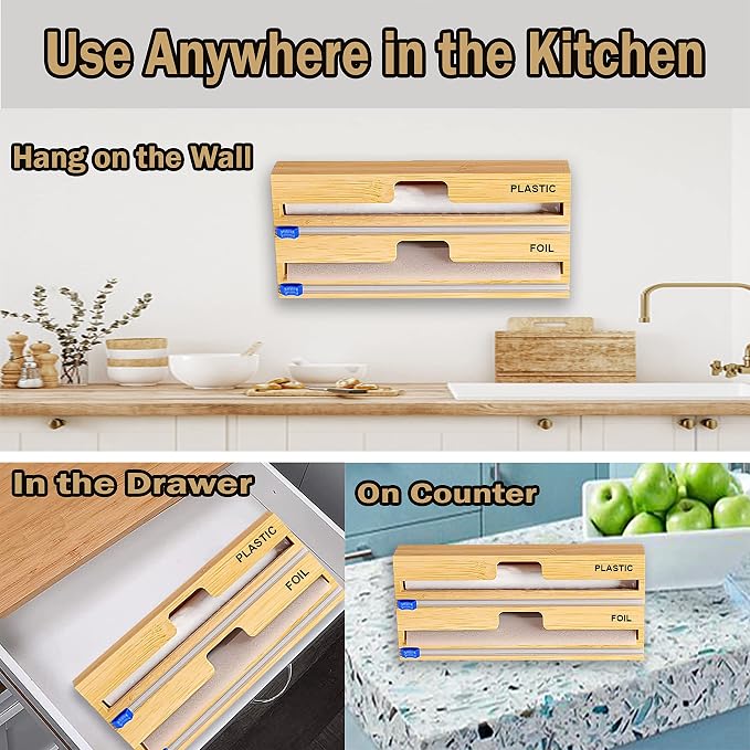 Foil and Plastic Wrap Organizer with Kitchen Aluminum Foil Holder, Cling Plastic Wrap Dispenser with Cutter and Labels, Bamboo Kitchen Wrap Organizer (2 in 1)
