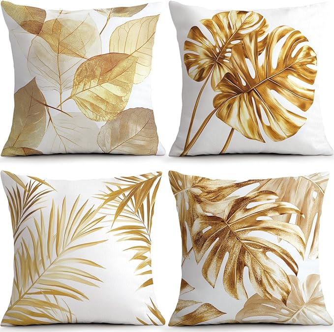 OBSEDE Golden Leaf Illustration Decorative Throw Pillow Covers 18 × 18 in