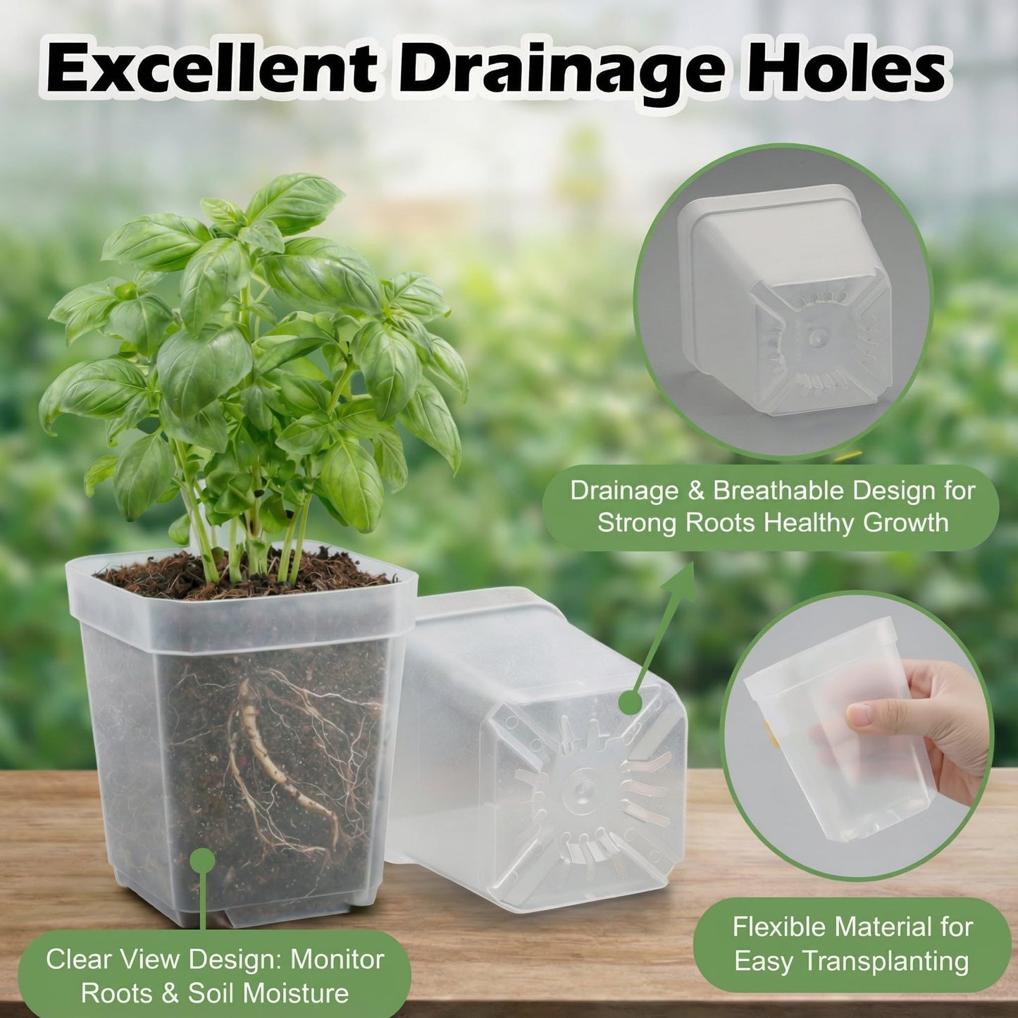 RooTrimmer 120 Packs Square Clear Nursery Pots with Drainage, 2.7 Inch Plastic Seedling Pots for Indoor Plants, Thickened Small Transplant Pot for Seed Starting Succulents Vegetables Lettuce Flowers