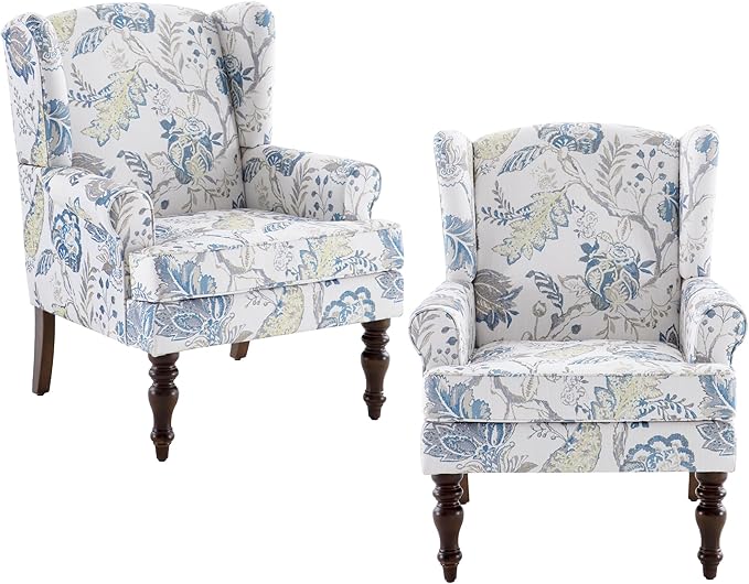 HUIMO Printed Wingback Accent Chair, Linen Upholstered High Back Armchair