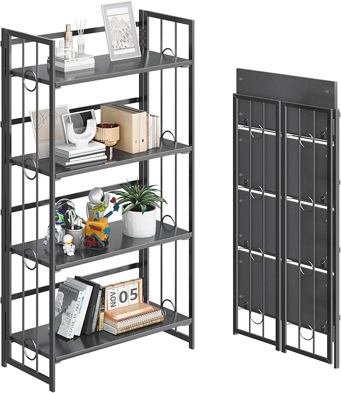 4NM No Assembly 4 Tiers Folding Bookshelf, 47.2" H Foldable Storage Shelves