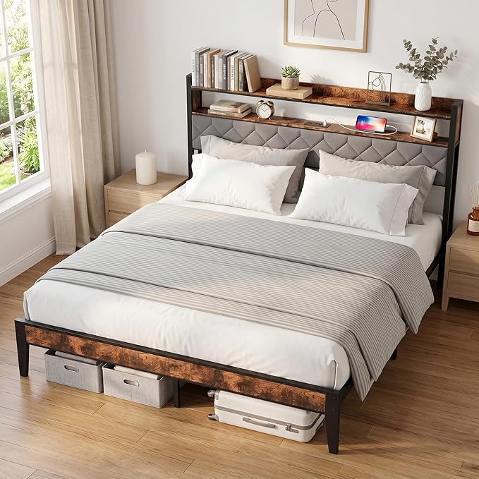 King Size Bed Frame with Charging Station, King Bed Frame with Upholstered