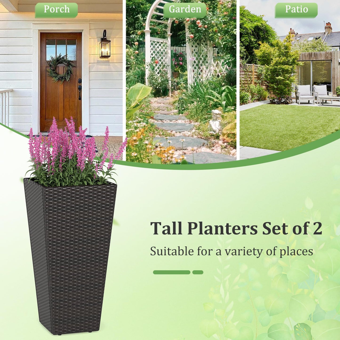 Giantex Set of 2 Outdoor Wicker Flower Pot, 30 Inch Tall Planters with Drainage System, PE Rattan Flower Pots, Indoor Outdoor Decoration for Front Porch Balcony Entryway, Dark Brown