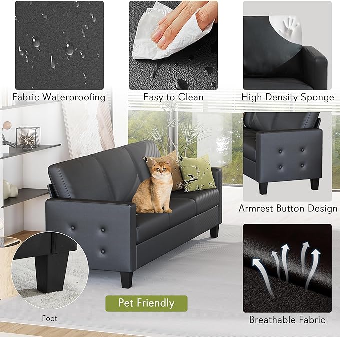 STHOUYN Black Faux Leather 3 Seater Sofa and Accent Chair, Modern Comfy Office