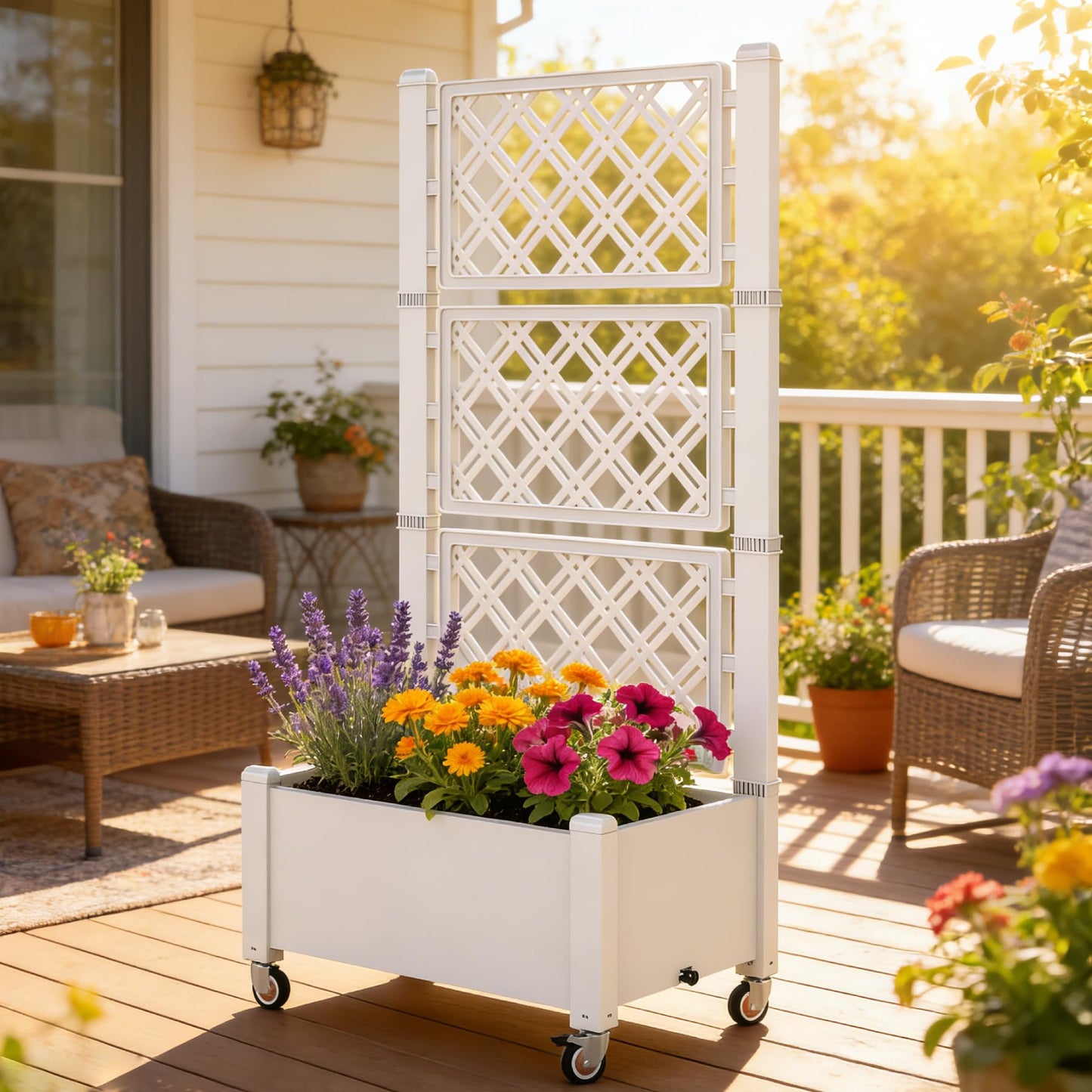 Miory 60" Raised Garden Bed with Trellis & Wheels, Vertical Gardening Planter Box with Water Level Indicator and Drainage System for Garden Outdoor Patio Balcony