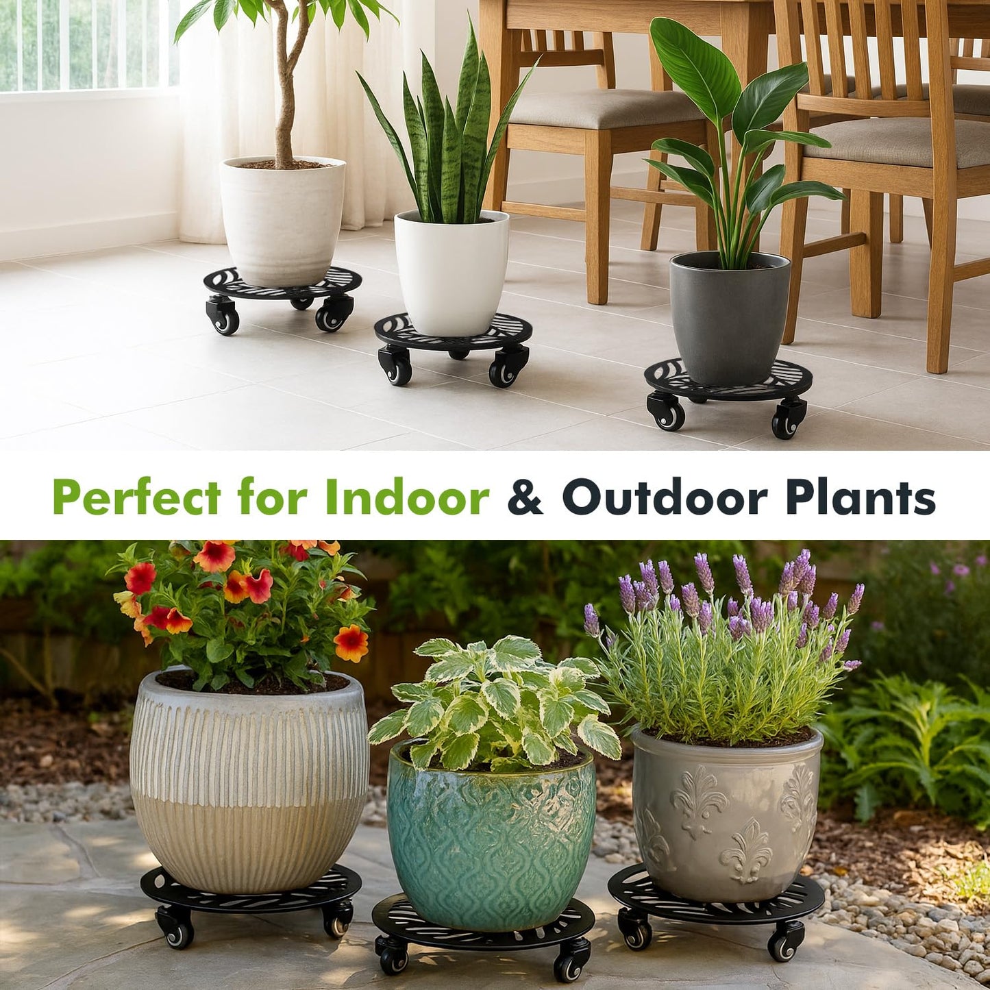 3 Packs Metal Plant Caddy with 3 Metal PU Wheels 12 Inches Heavy-duty Wrought Iron Rolling Plant Stands with Casters Indoor and Outdoor Plant Pot Roller Base Plant Dolly Coaster Movers Black