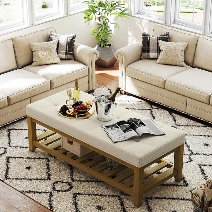 Befurtori Large Rectangular Upholstered Ottoman Bench, Linen Tufted Footrest