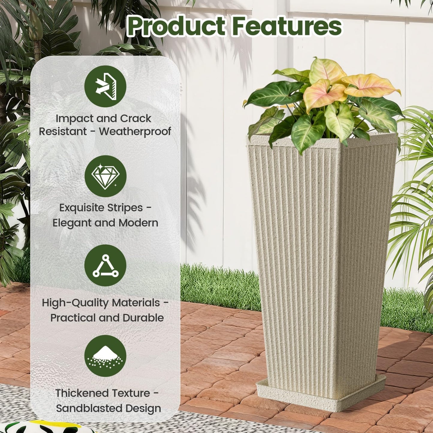 Diyfire Front Porch Planters Outdoor Set of 2, 24" Tall Plastic Planters for Outdoor Plants with Drainage, Extra Large Outdoor Planter Pots, Tapered Tall Planters for Front Door & Indoor Plants, Beige