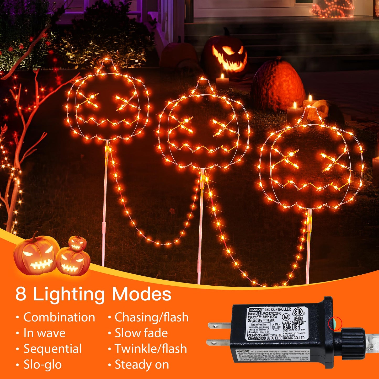 Halloween Walkway Lights,3PACK Hopolon Pumpkin Lights Halloween Decorations Outdoor Light Orange Plug-in Pumpkin Stake Light Pathway with IP44 Waterproof, 8Modes for Holiday Home Garden Yard Decor