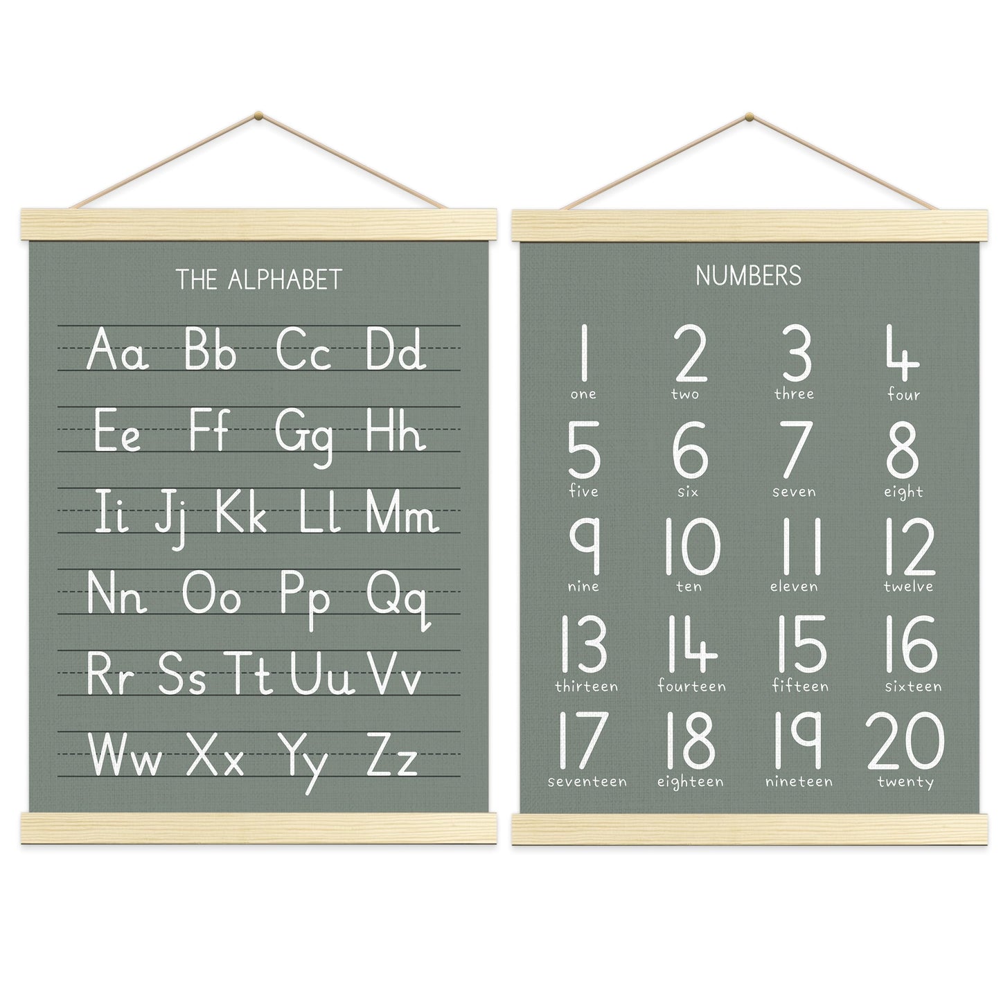 Numbers Alphabet Poster for Toddlers,Educational Wall Chart for Nursery Kids Learning, Homeschool & Playroom Decor and Bedroom for Wooden Hanger Frame Set of 2, 12x18 Inch - A02