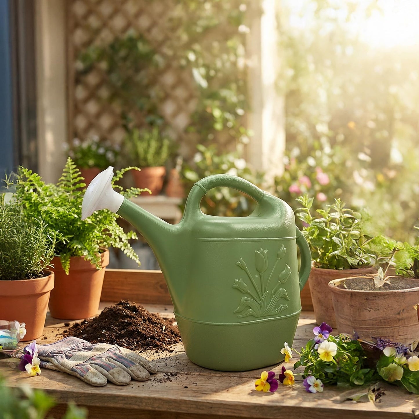 Union Products 63068 2 Gallon Plastic Indoor/Outdoor Watering Can w/ Tulip Design for Garden, Potted Plants, & Patio Pots, Sage Green