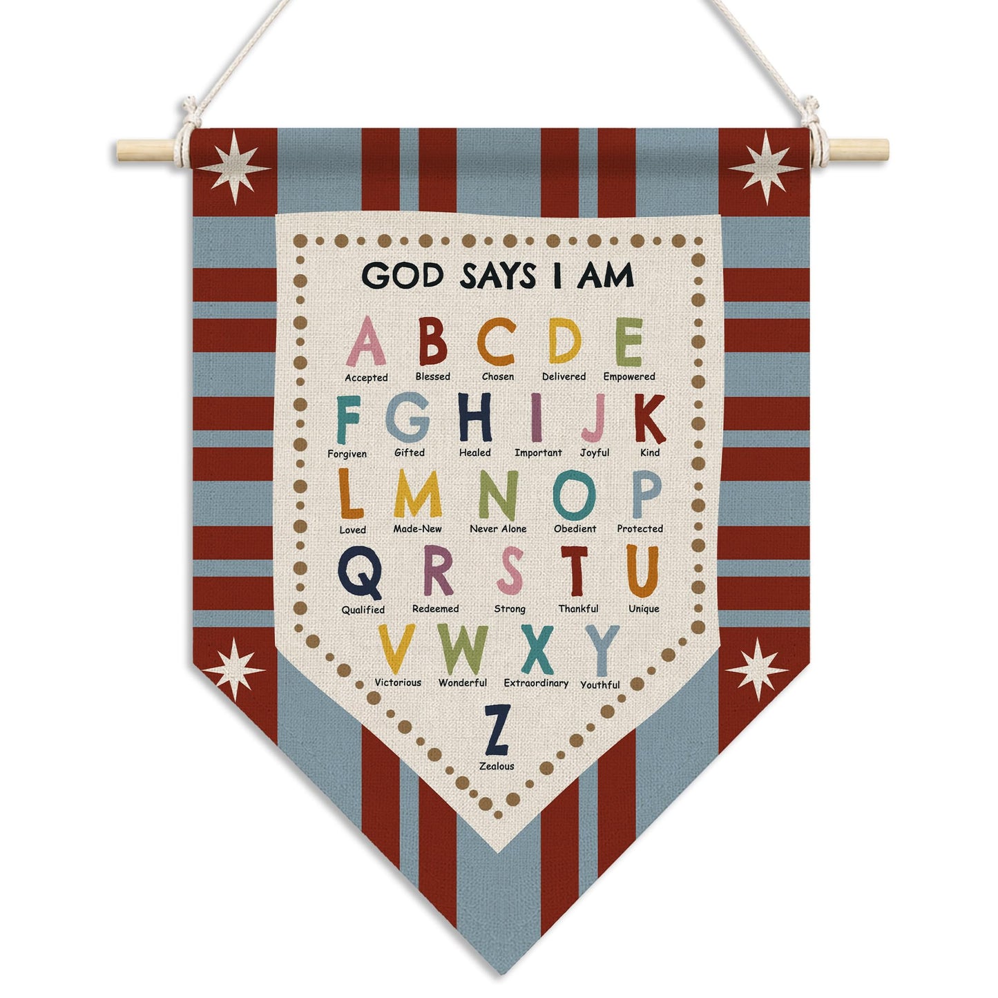 RUKUPA Christian Nursery Wall Art Decor, Alphabet Classroom Hanging Pennant Flag, God Says I Am Bible Verse Religious Wall Art Poster Hanger for Kids Room Bedroom Playroom Classroom Decor, 11x15 Inch