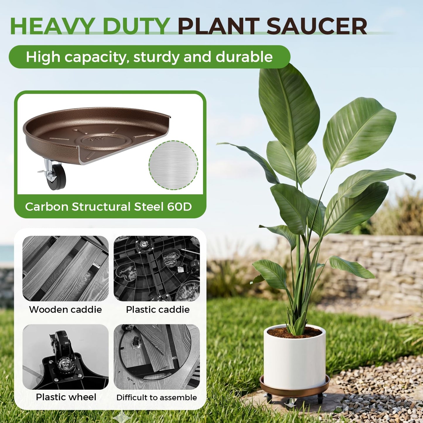 Parsagi Plant Saucer 12" Rolling Plant Caddy Rolling Plant Stand with Wheels – Heavy Duty Metal, Locking, Sturdy, Rust-Resistant Finish, and Easy to Move, 310 lb Capacity, 2 Pack