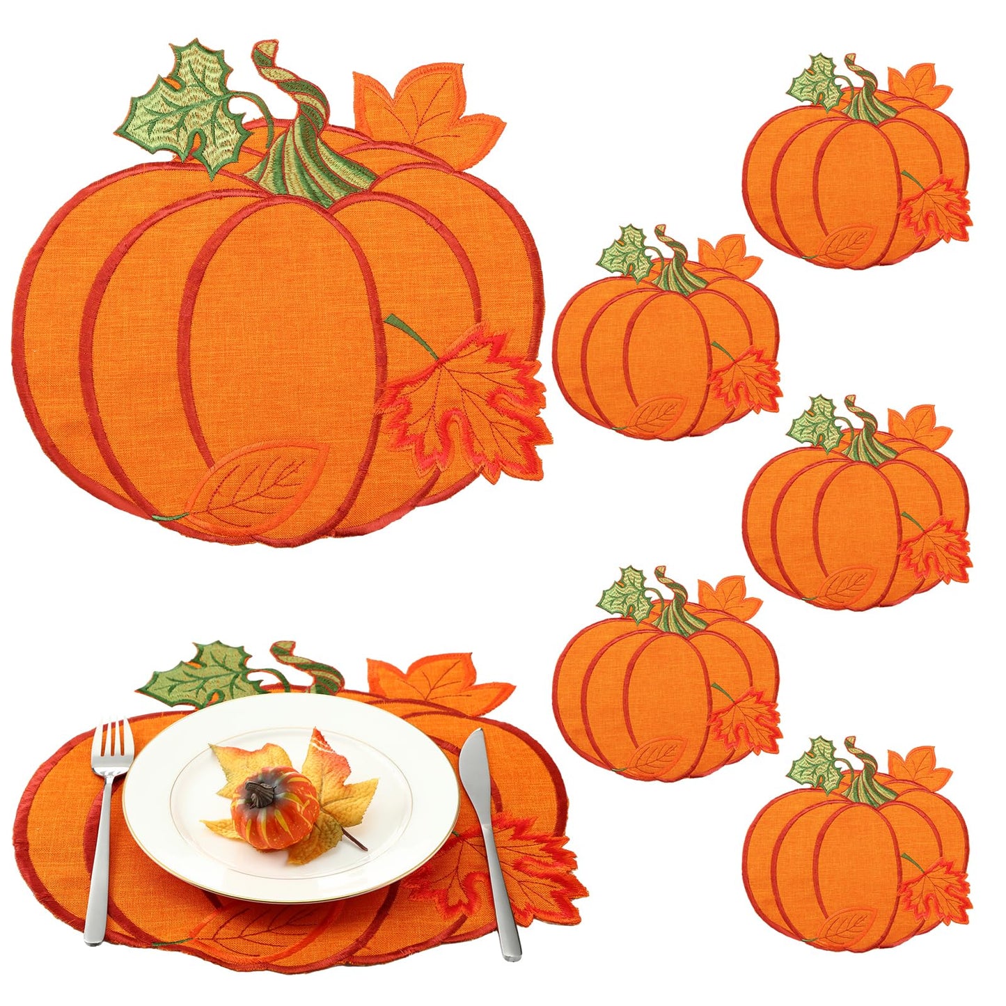 Yingzhao 6 Pcs Thanksgiving Fall Pumpkin Placemats Autumn Harvest Orange Table Place mats Embroidered 14'' Round Decorative Placemats for Holiday Party Kitchen Dinning Table Decorations