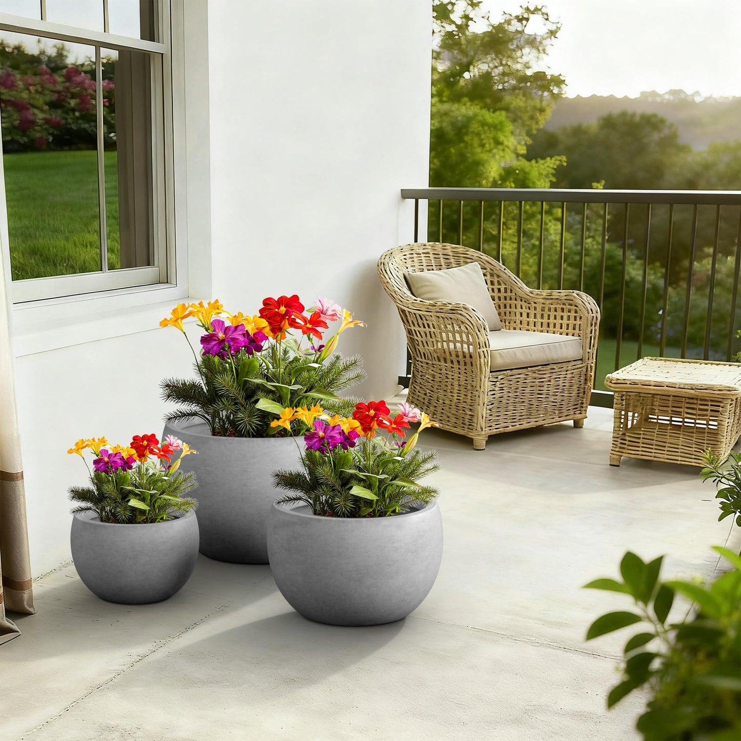 Kante 19.9",15.7",11.8" Dia Round Concrete Planter Set of 3, Outdoor/Indoor Large Bowl Plant Pots with Drainage Hole and Rubber Plug for Garden Patio Balcony Home, Natural Concrete