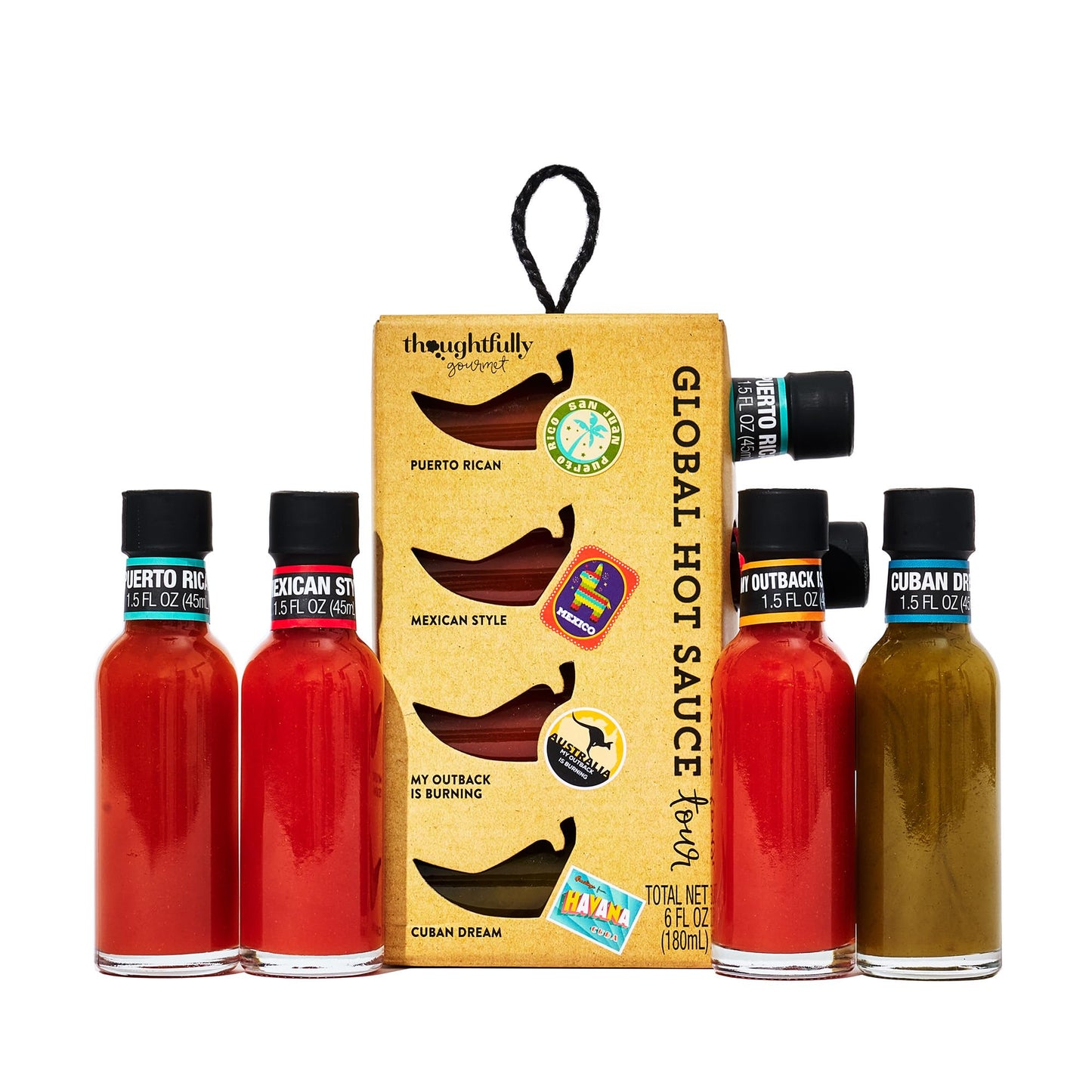 Thoughtfully Gourmet, Global Hot Sauce Gift Set, Internationally Inspired Flavors Include Puerto Rican Mango Habanero, Mexican Style Hot Sauce & More, Set of 4