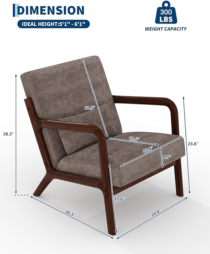 Garvee Mid-Century Modern Accent Chair, Chenille Upholstery, Solid Wood Armchair