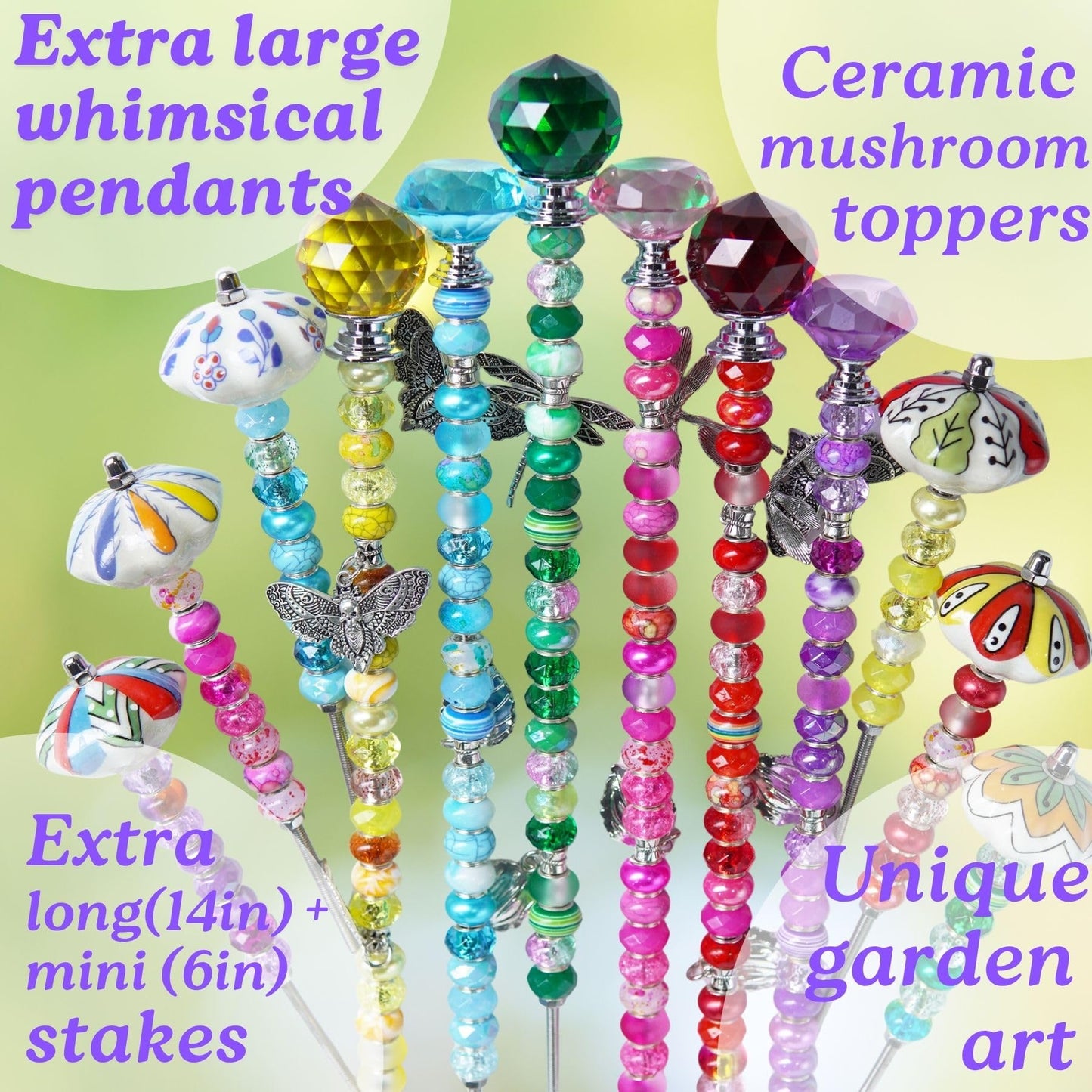 Fairy Wand Garden Stake Beads Kits,Beaded Decorative Garden Stakes Kit, 6 Large(14in) + 6 Mini (6in) Beaded Fairy Garden Stakes with Crysta l& Ceramic Toppers