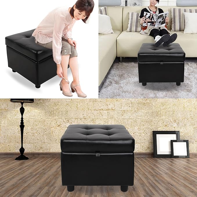 H&B Luxuries Tufted Leather Square Flip Top Storage Ottoman Cube Foot Rest