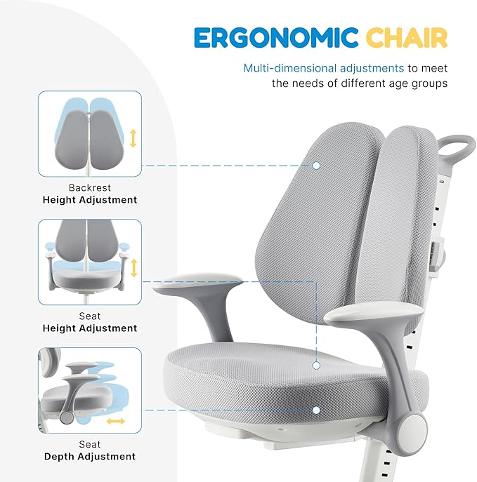 ERIYA Kids Desk Chair, Ergonomic Chair: Height-Adjustable, Double Back Support